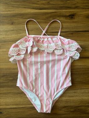 Janie and Jack Pink and White Striped Ruffle One-Piece Swimsuit